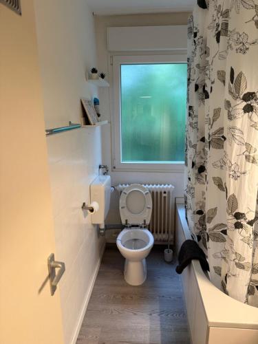 a bathroom with a toilet and a window at Schönes Apartment in Top-Lage Karlsruhe in Karlsruhe