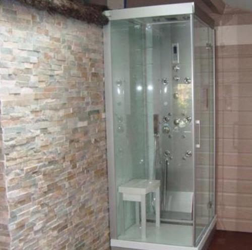 a glass shower in a bathroom with a stone wall at Mobil-home cosy avec terrasse et jardin privatif in La Bernerie-en-Retz