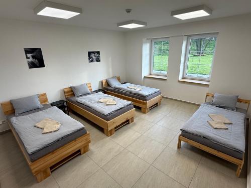 a room with three beds and a couch at Apartmány Papírna in Ostrov
