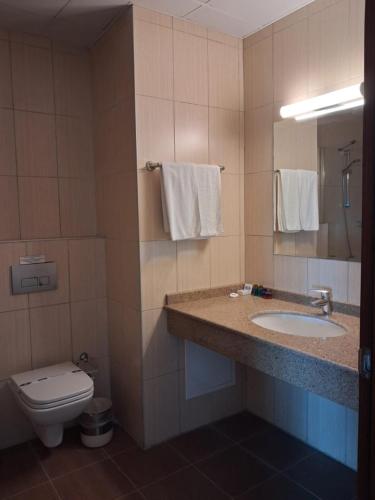 a bathroom with a sink and a toilet and a mirror at Masi Otel in Bademli