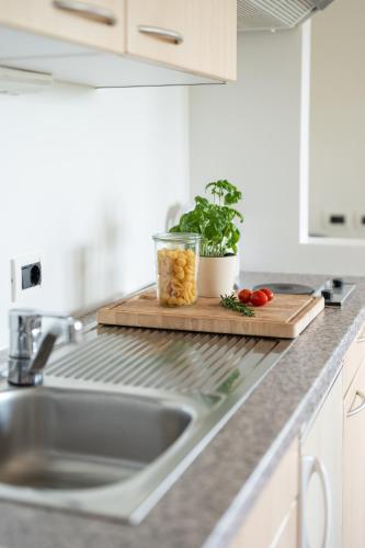a kitchen counter with a sink and a cutting board with vegetables at Ferienappartement Freiblick in Marlengo