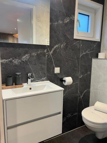 ein Badezimmer mit einem weißen Waschbecken und einer Toilette in der Unterkunft Tiny House Cinta- Dichtbij zee & in een groene omgeving in Heinkensand
