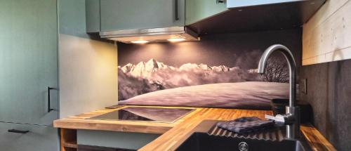 a kitchen with a sink and a counter top at Chalet des Edelweiss, Guzet in Ustou