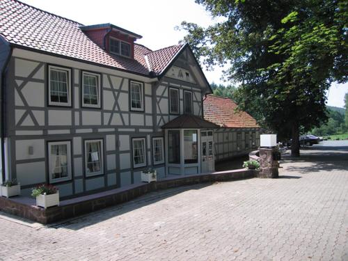 a large black and white building with a tree at Hotel Restaurant Rodetal in Nörten-Hardenberg