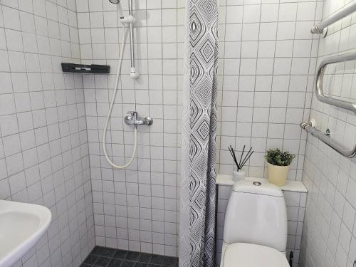 a bathroom with a shower with a toilet and a sink at Side Korterid in Rakvere