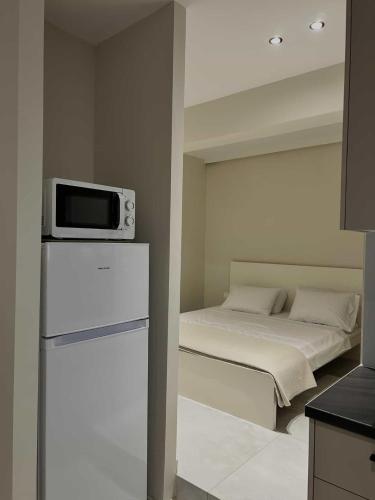 a small room with a bed and a microwave on top of a refrigerator at Kostas apartaments in Korinthos