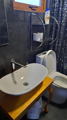 a bathroom with a white sink and a toilet at Central Zenteno en Punta Arenas in Punta Arenas