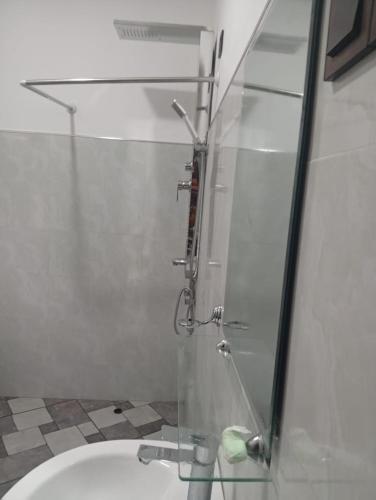 a glass shower in a bathroom with a sink at Ella Top Sky in Bandarawela