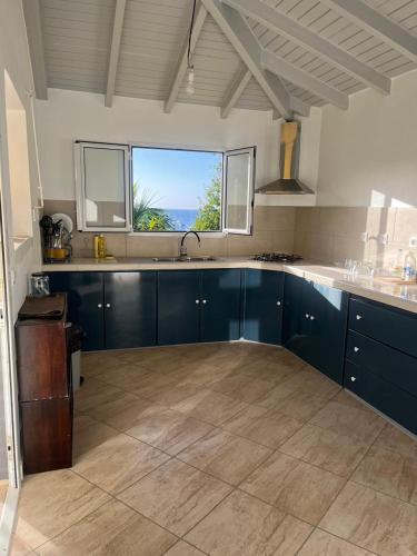 a kitchen with blue cabinets and a large window at Le coin des plaisir in Deshaies