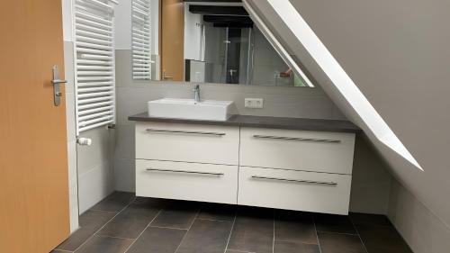 a bathroom with a sink and a mirror at Ferienwohnung in Ivenack, DG in Ivenack