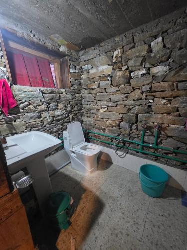 a stone bathroom with a toilet and a sink at The magic meadows in Kulu