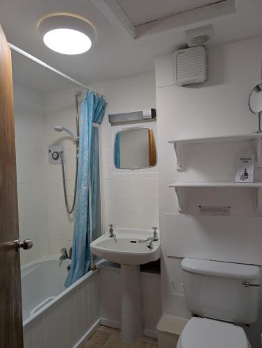 a bathroom with a toilet and a sink and a bath tub at Scoor House - Cnoc Mor in Bunessan
