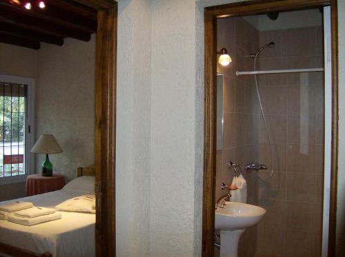 a bathroom with a shower and a sink next to a bed at Cabañas Parque Vistalba in Ciudad Lujan de Cuyo