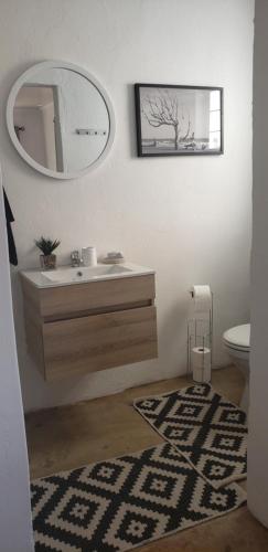 a bathroom with a sink and a mirror and a toilet at Zebra game farm in Brits