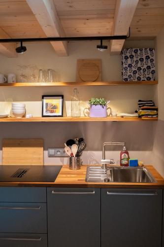 a kitchen with a sink and a counter at Studio Apartment Lindennest in Waging am See