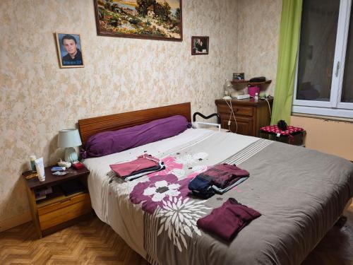 a bedroom with a bed with two bags on it at Les pins in Mulsanne