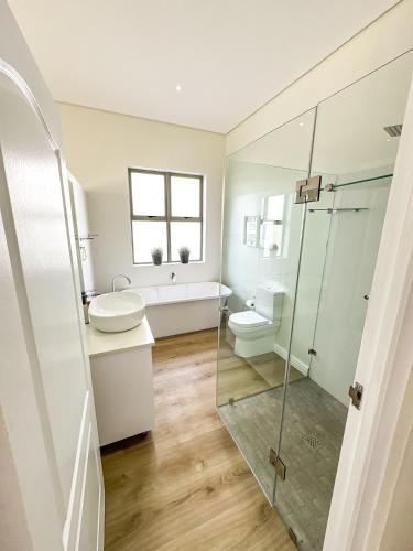 a bathroom with a shower and a sink and a toilet at Bluebay Villa in Britannia Bay