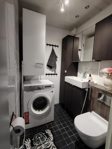 a bathroom with a washing machine and a sink at Faamos Loviisa in Loviisa