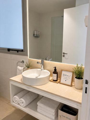 a bathroom with a sink and a mirror and towels at Lezama Park in Buenos Aires