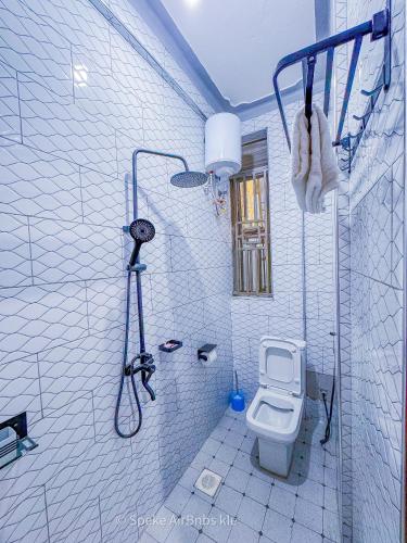 a bathroom with a shower and a toilet at Speke homes full apartment!!! in Kabale