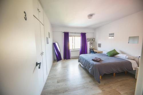 a bedroom with a bed and a window with purple curtains at Villa Artista home in Pontevedra