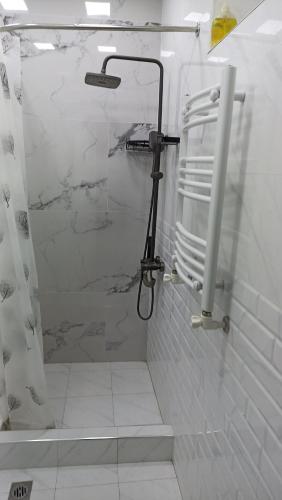 a bathroom with a shower with a glass door at Bnakaran dzoragetum in Dzoraget