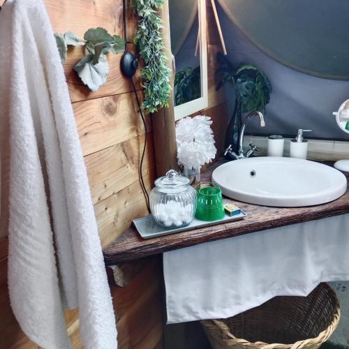a bathroom counter with a sink and a mirror at The Jolly Joint Clarens in Clarens