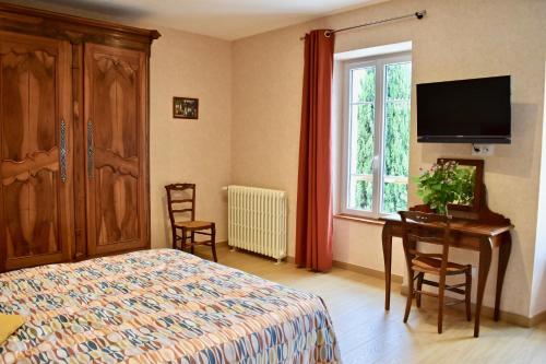 a bedroom with a bed and a desk and a television at Le Vieux Noyer in Réaux