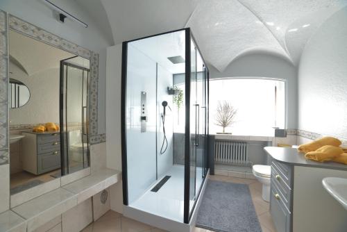a bathroom with a shower and a sink at Insolites à Chimay - Les roulottes à Rièzes in Chimay