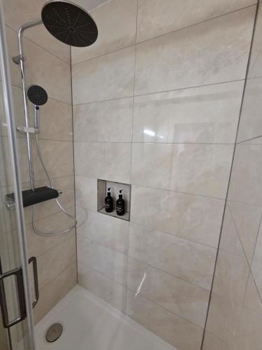 a shower with a glass door with two bottles at Le Nid d'Étoiles in Schiltigheim