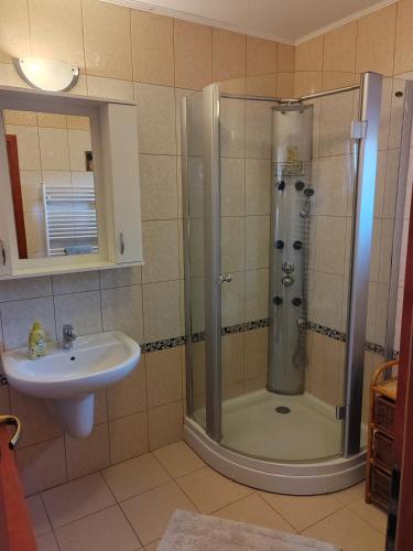 a bathroom with a shower and a sink at Guest Zimmer Nora in Zamárdi