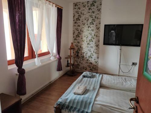 a bedroom with a bed and a tv on a wall at Guest Zimmer Nora in Zamárdi