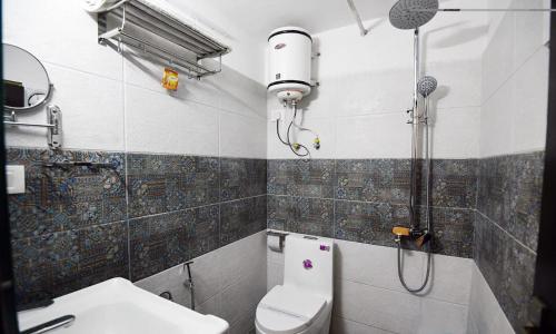 a bathroom with a shower and a toilet and a sink at Hotel Morning Lake in Nainital