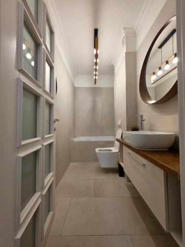a bathroom with a sink and a toilet and a tub at JohnResidence in Valea Lupului