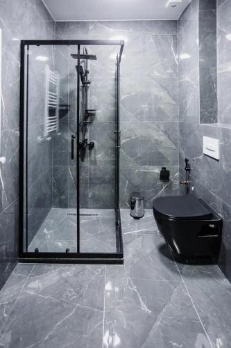 a bathroom with a shower and a black toilet at Апарт-отель Homeland in Gonio