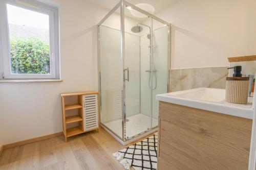 a bathroom with a shower and a sink at Chez nenette in Prugny