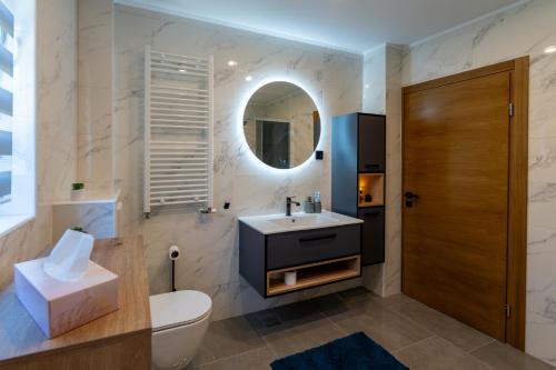 a bathroom with a sink and a toilet and a mirror at Silentium Apartment in Donji Prozor