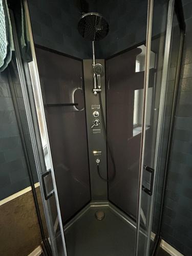 a shower with a glass door in a bathroom at vaste appartement rénové avec terrasse in Morteau