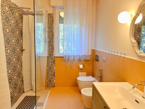 a bathroom with a shower and a toilet and a sink at Villa Dolce Vita in San Vincenzo