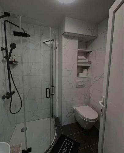 a bathroom with a shower and a toilet at Jadranka in Vinkovci