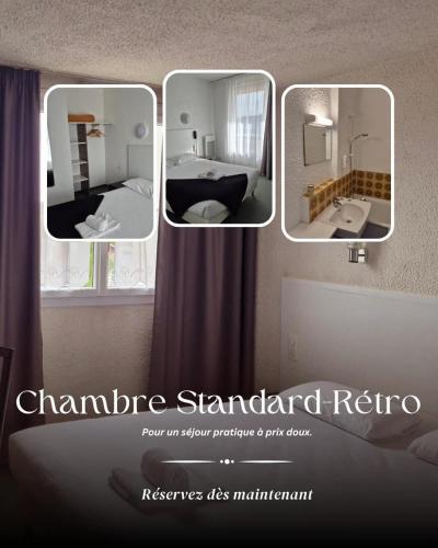 a collage of photos of a hotel room with a bedroom at Cit'Hôtel Le Quai 9 in Challans