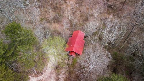 an aerial view of a red house in a forest at Buckeye Bungalow in Logan