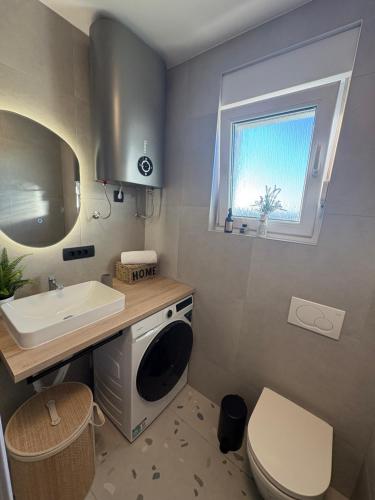 a bathroom with a sink and a washing machine at Maris Loft Šimuni in Šimuni
