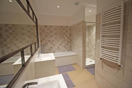 a bathroom with a tub and a sink and a shower at Le presbytère de thiat in Thiat