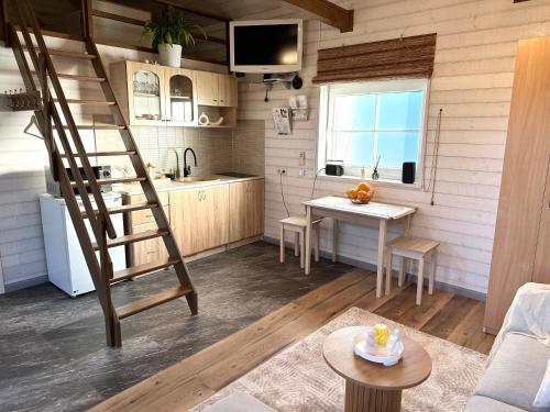 a kitchen and living room with a ladder in a room at Leia Kodu Private Garden House with Terrace & Parking in Rakvere in Rakvere