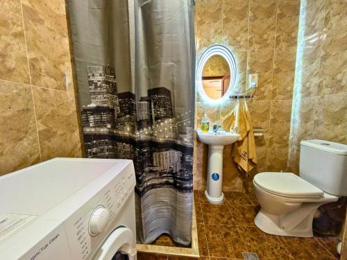 a bathroom with a shower curtain with a toilet and a sink at Garden House Apartments in Kʼanakʼerravan