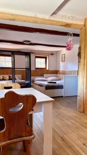 a large room with two beds and a table at Penzion Pod Lípou in Dolní Brusnice