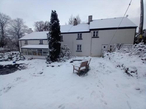 a white house with a bench in the snow at Beechwood Farmhouse in Yelverton