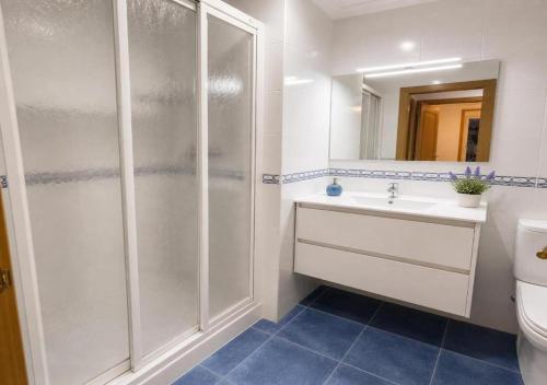 a bathroom with a shower and a sink and a toilet at Apartamento vistas al mar in Viveiro
