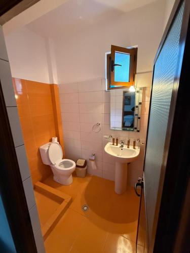 a small bathroom with a toilet and a sink at Vila Katerina Qeparo in Qeparo